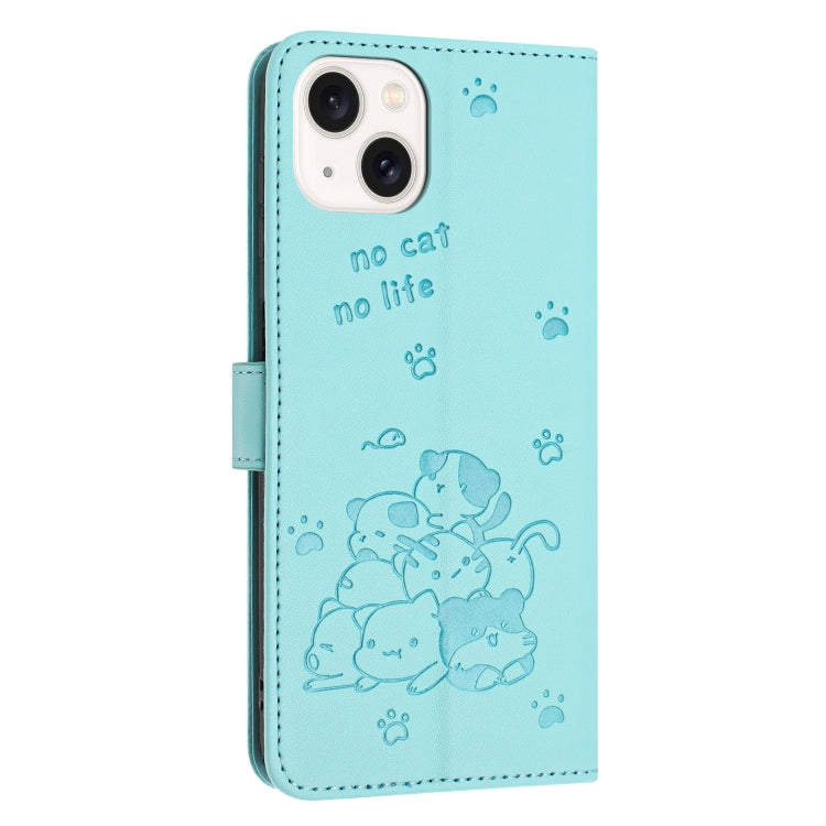 For iPhone 14 / 13 Embossed Kitten Phone Leather Case with Lanyard