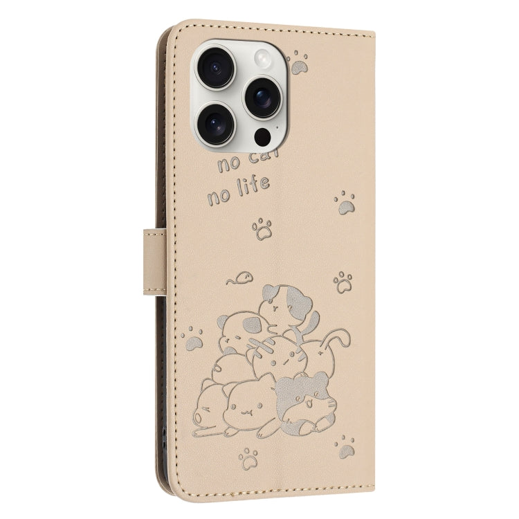 For iPhone 13 Pro Embossed Kitten Phone Leather Case with Lanyard