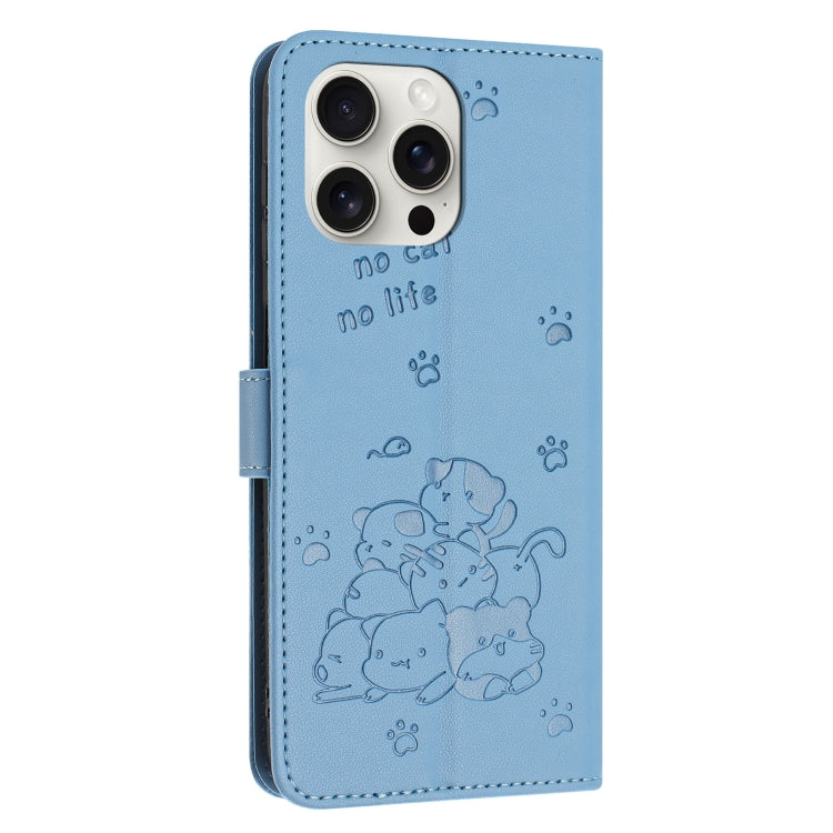 For iPhone 13 Pro Embossed Kitten Phone Leather Case with Lanyard