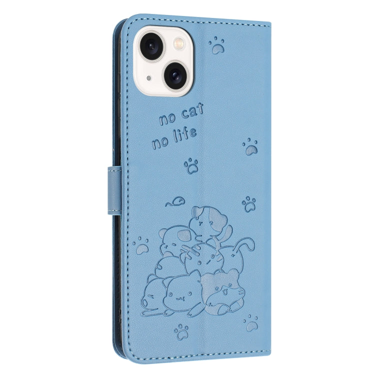 For iPhone 13 mini Embossed Kitten Phone Leather Case with Lanyard