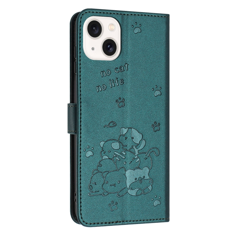 For iPhone 13 mini Embossed Kitten Phone Leather Case with Lanyard