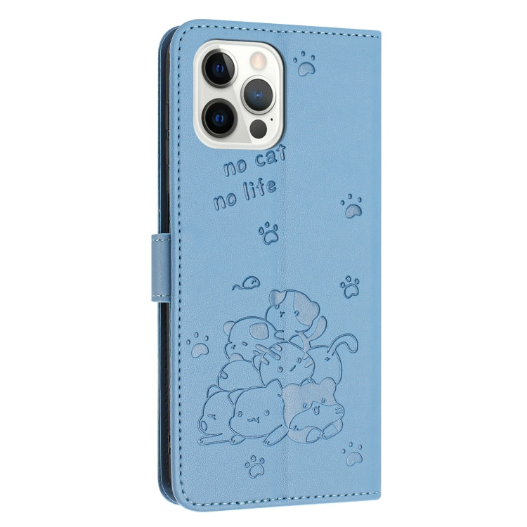 For iPhone 12 / 12 Pro Embossed Kitten Phone Leather Case with Lanyard
