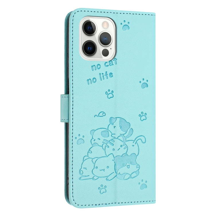 For iPhone 12 / 12 Pro Embossed Kitten Phone Leather Case with Lanyard
