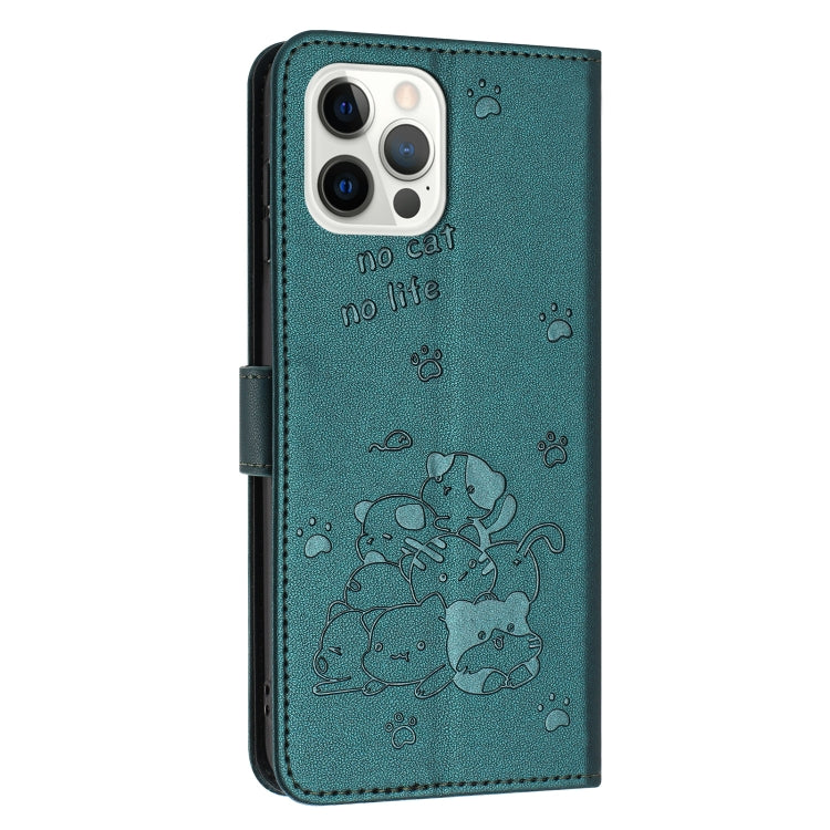 For iPhone 12 / 12 Pro Embossed Kitten Phone Leather Case with Lanyard