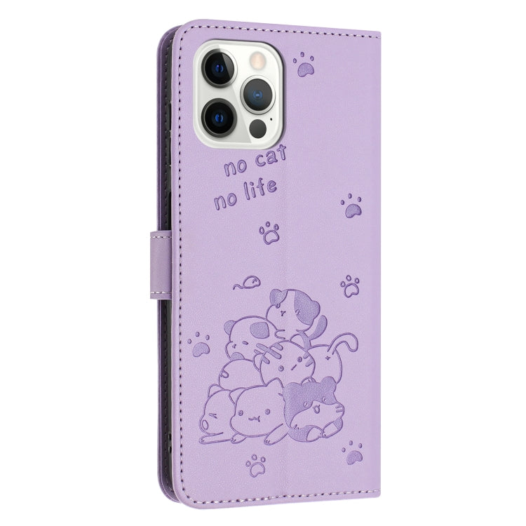 For iPhone 12 Pro Max Embossed Kitten Phone Leather Case with Lanyard