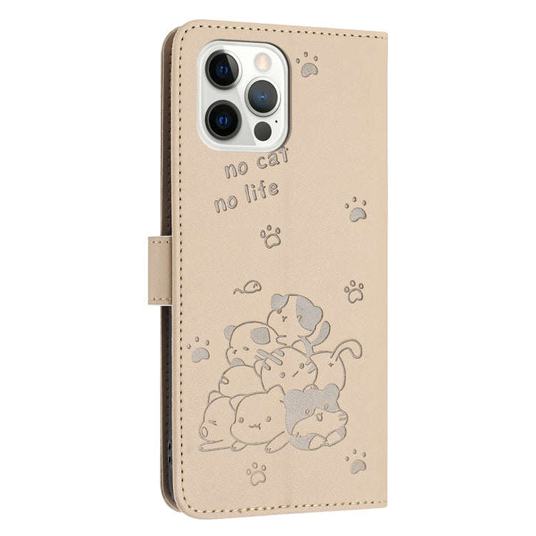 For iPhone 12 Pro Max Embossed Kitten Phone Leather Case with Lanyard
