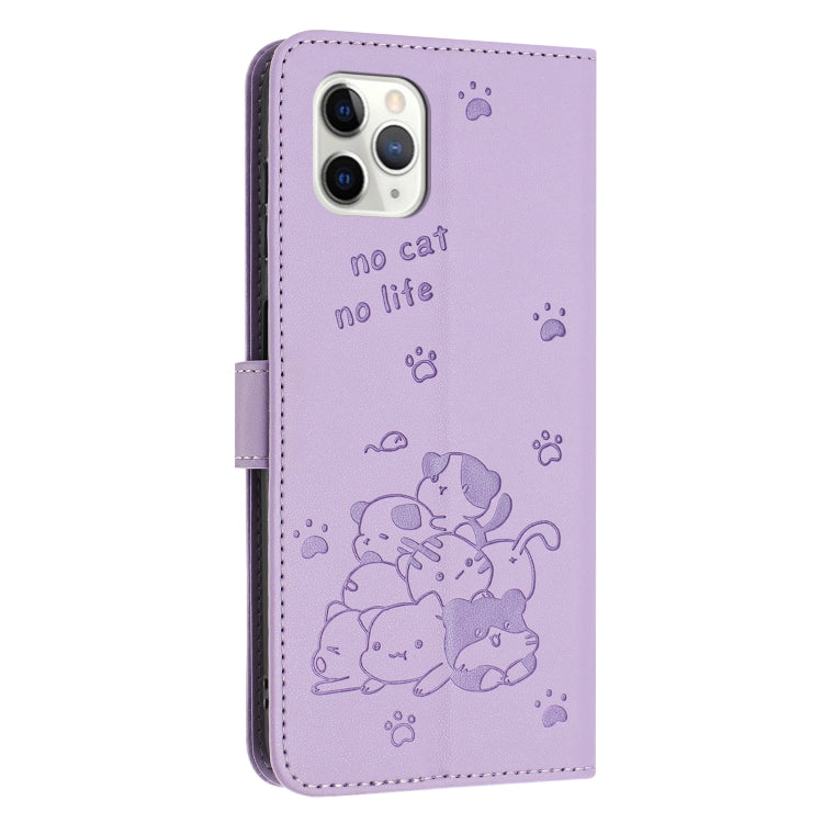For iPhone 11 Pro Max Embossed Kitten Phone Leather Case with Lanyard