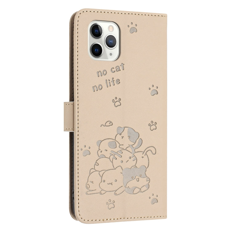 For iPhone 11 Pro Max Embossed Kitten Phone Leather Case with Lanyard