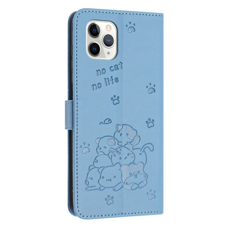 For iPhone 11 Pro Max Embossed Kitten Phone Leather Case with Lanyard