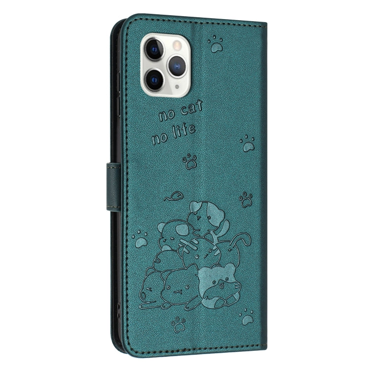 For iPhone 11 Pro Max Embossed Kitten Phone Leather Case with Lanyard