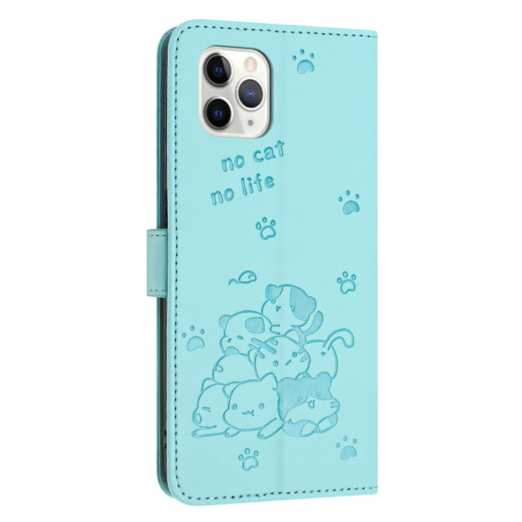 For iPhone 11 Pro Embossed Kitten Phone Leather Case with Lanyard