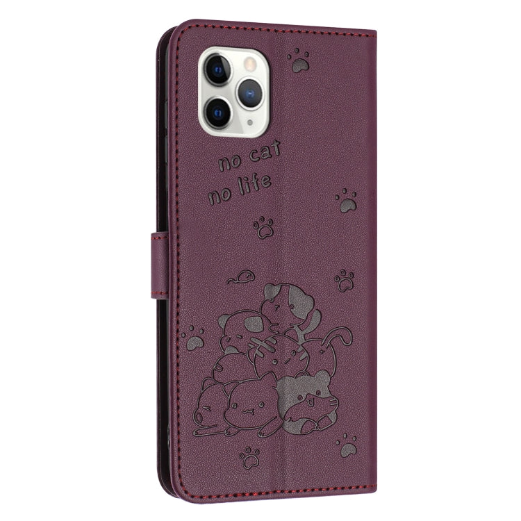 For iPhone 11 Pro Embossed Kitten Phone Leather Case with Lanyard