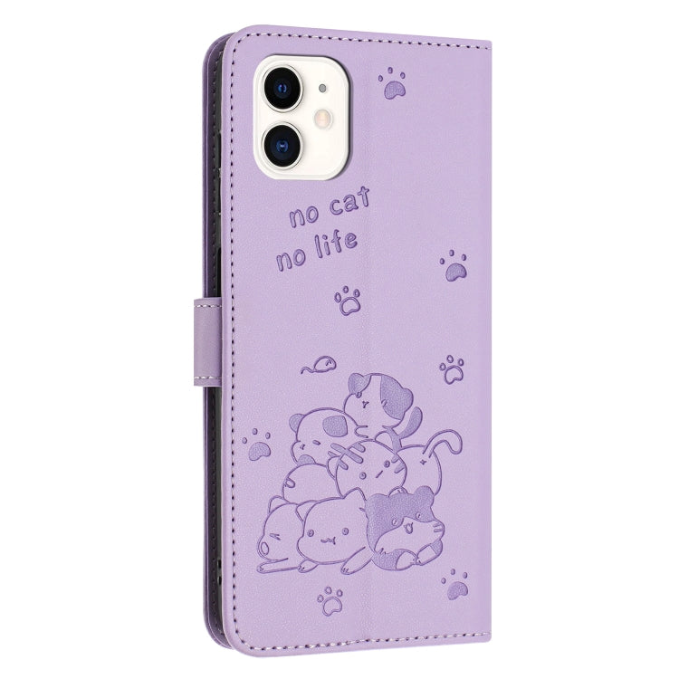 For iPhone 11 Embossed Kitten Phone Leather Case with Lanyard