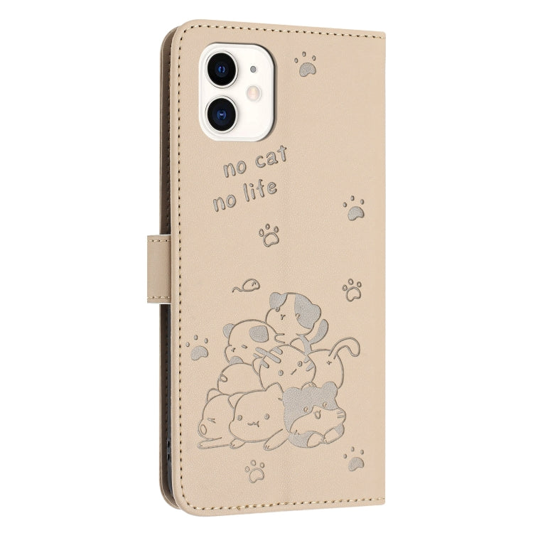 For iPhone 11 Embossed Kitten Phone Leather Case with Lanyard