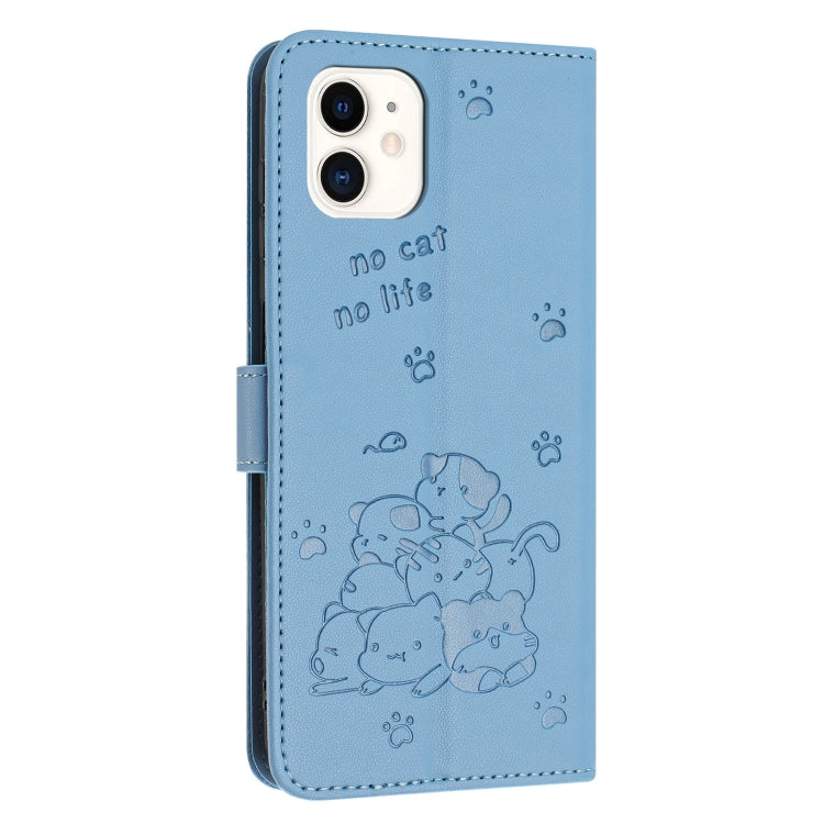 For iPhone 11 Embossed Kitten Phone Leather Case with Lanyard