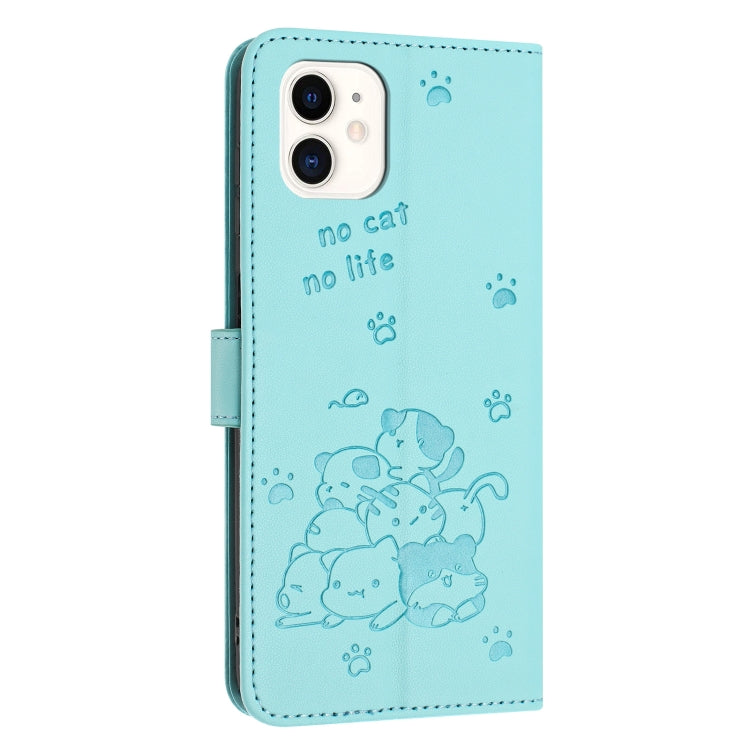 For iPhone 11 Embossed Kitten Phone Leather Case with Lanyard