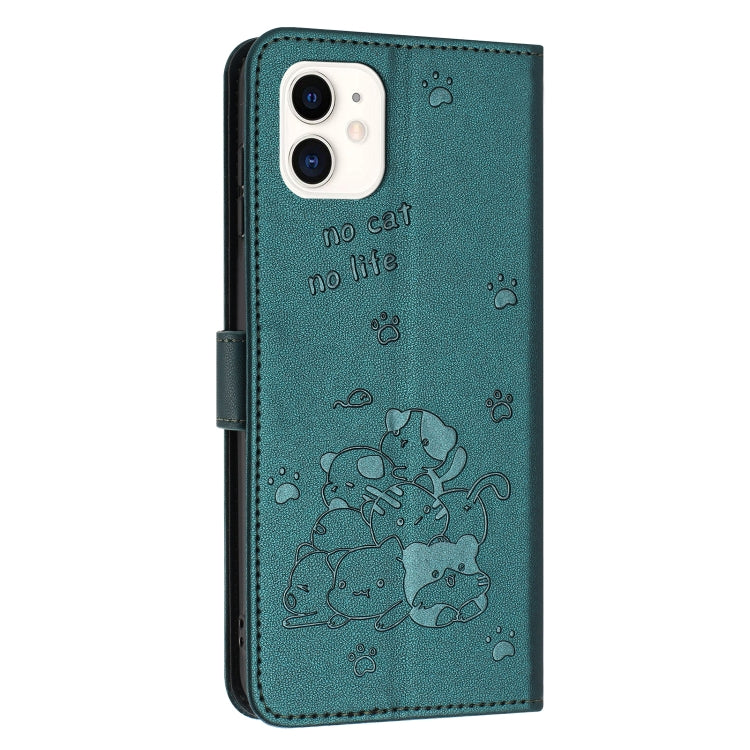 For iPhone 11 Embossed Kitten Phone Leather Case with Lanyard