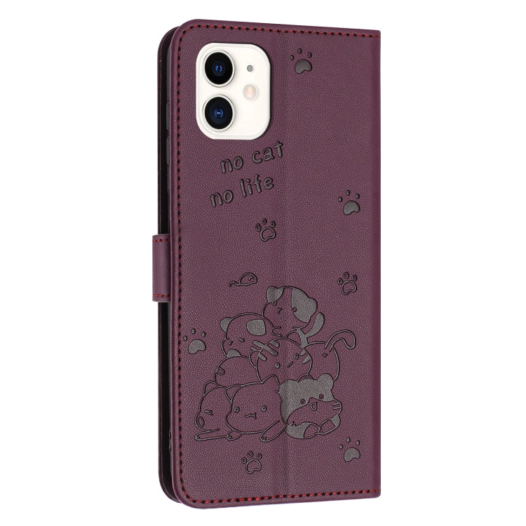For iPhone 11 Embossed Kitten Phone Leather Case with Lanyard