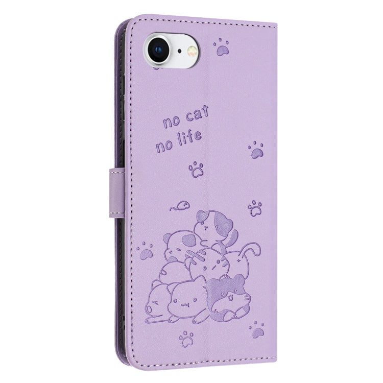 For iPhone 17e / 16e Embossed Kitten Phone Leather Case with Lanyard