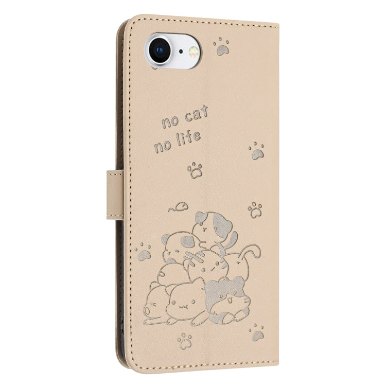 For iPhone 17e / 16e Embossed Kitten Phone Leather Case with Lanyard