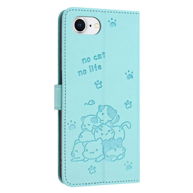 For iPhone 17e / 16e Embossed Kitten Phone Leather Case with Lanyard