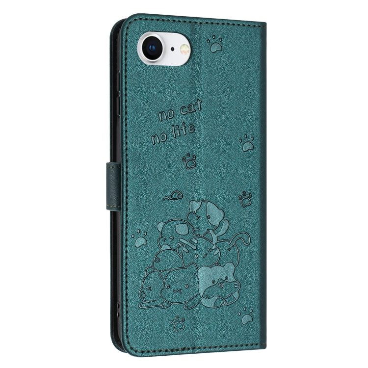 For iPhone 17e / 16e Embossed Kitten Phone Leather Case with Lanyard