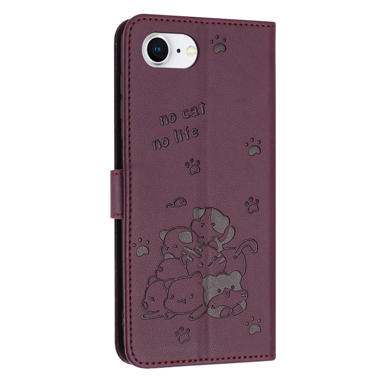 For iPhone 17e / 16e Embossed Kitten Phone Leather Case with Lanyard