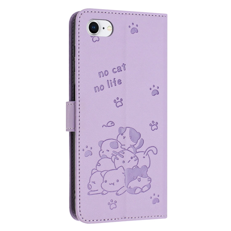 For iPhone SE 2022 / 2020 Embossed Kitten Phone Leather Case with Lanyard
