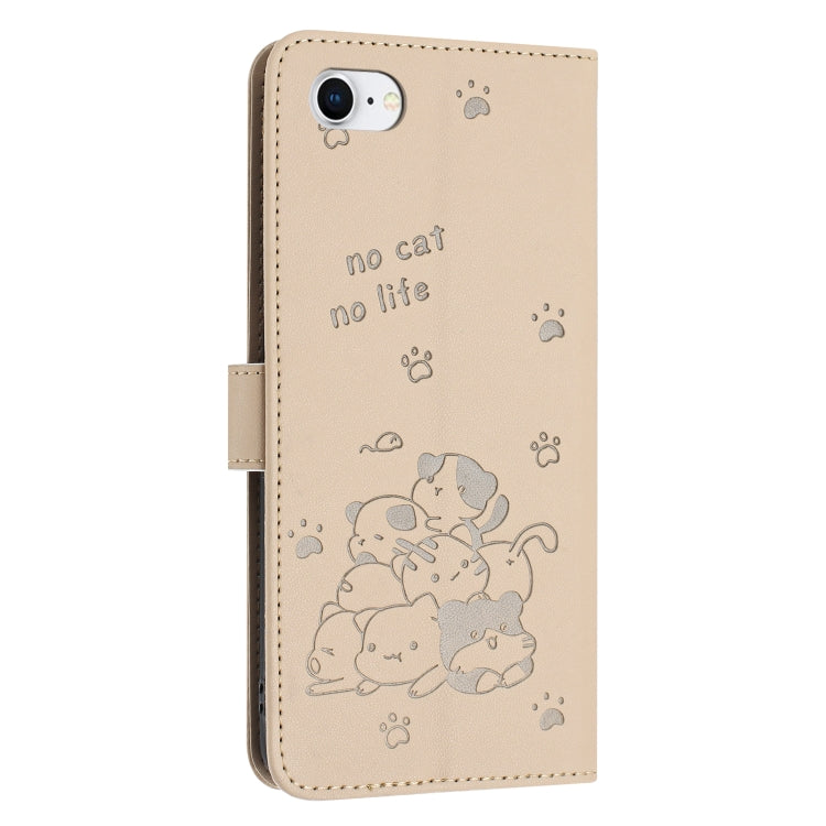 For iPhone SE 2022 / 2020 Embossed Kitten Phone Leather Case with Lanyard