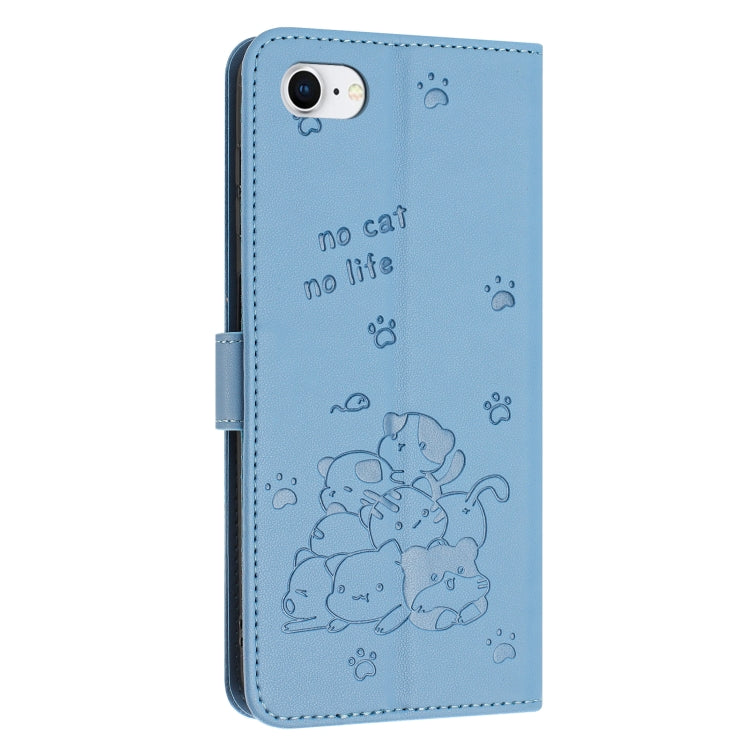 For iPhone SE 2022 / 2020 Embossed Kitten Phone Leather Case with Lanyard