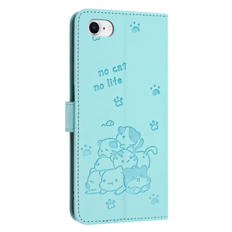For iPhone SE 2022 / 2020 Embossed Kitten Phone Leather Case with Lanyard