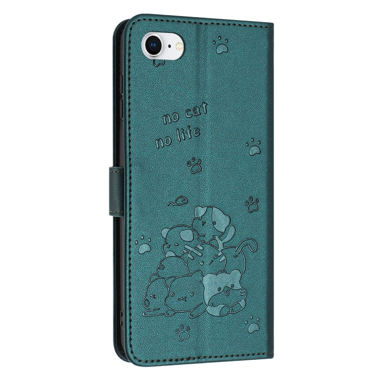 For iPhone SE 2022 / 2020 Embossed Kitten Phone Leather Case with Lanyard