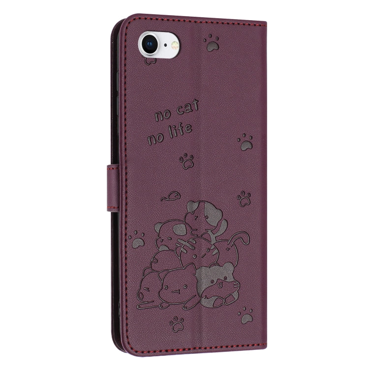 For iPhone SE 2022 / 2020 Embossed Kitten Phone Leather Case with Lanyard