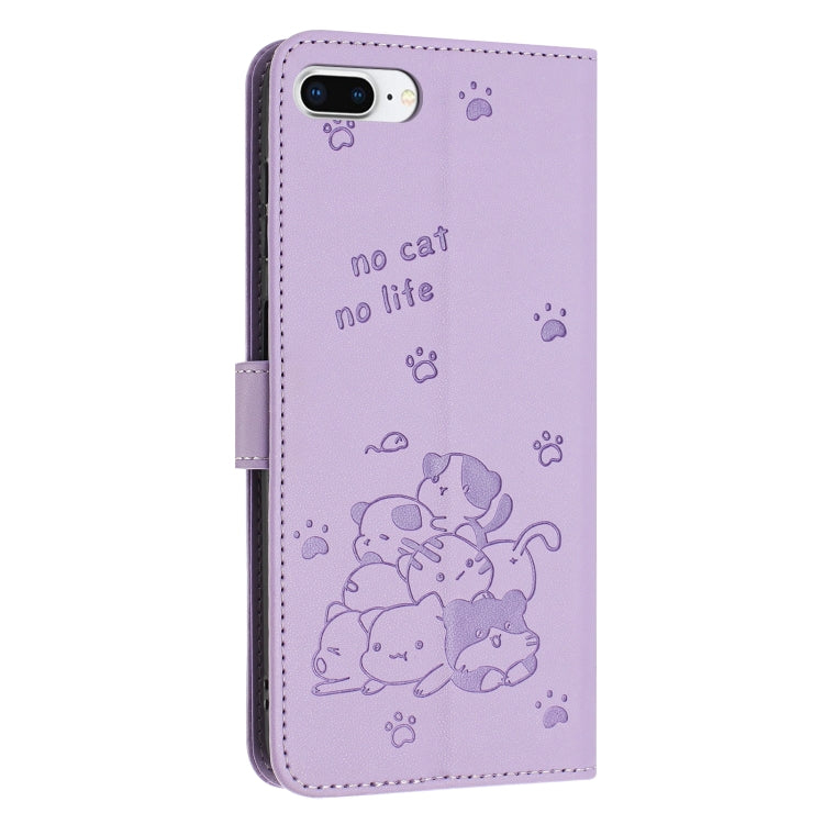 For iPhone 8 Plus / 7 Plus Embossed Kitten Phone Leather Case with Lanyard