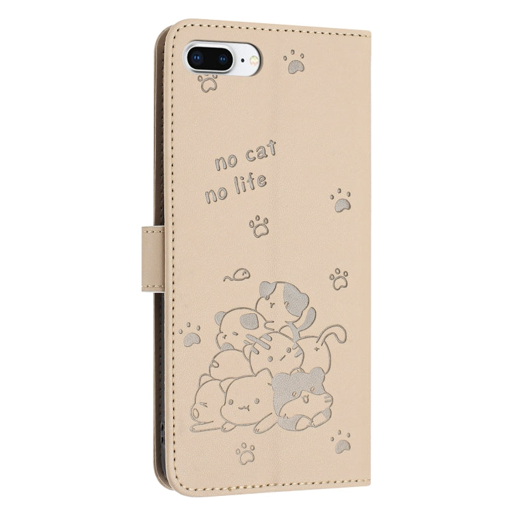 For iPhone 8 Plus / 7 Plus Embossed Kitten Phone Leather Case with Lanyard