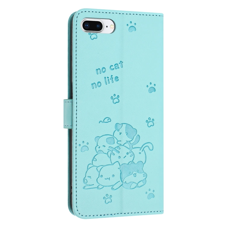 For iPhone 8 Plus / 7 Plus Embossed Kitten Phone Leather Case with Lanyard