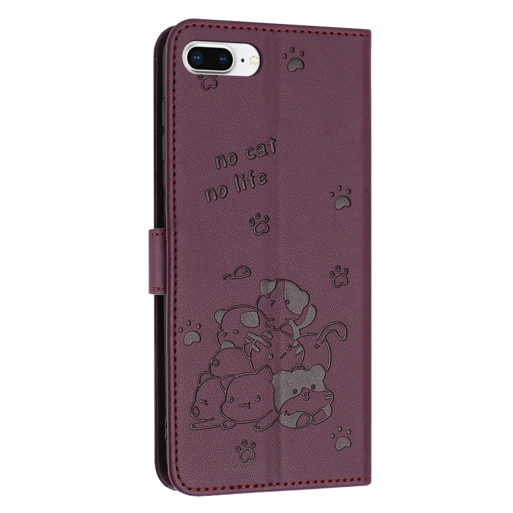 For iPhone 8 Plus / 7 Plus Embossed Kitten Phone Leather Case with Lanyard