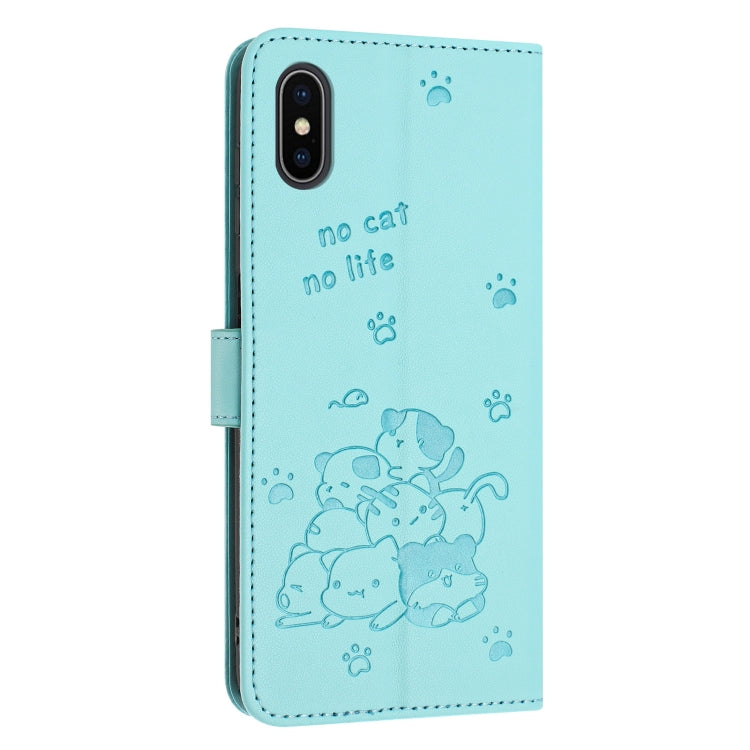 For iPhone XS / X Embossed Kitten Phone Leather Case with Lanyard
