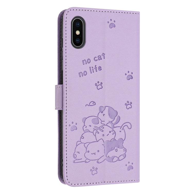For iPhone XS Max Embossed Kitten Phone Leather Case with Lanyard