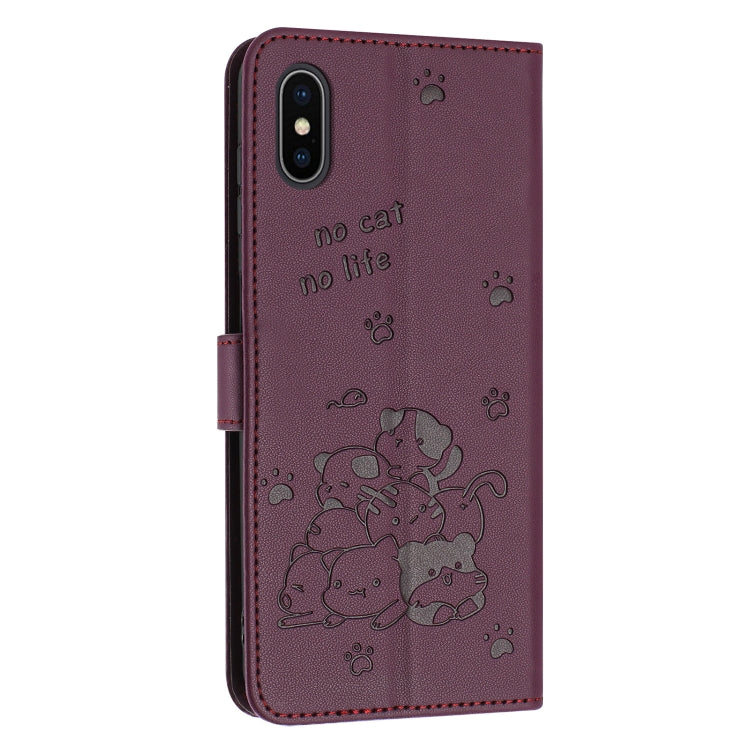 For iPhone XS Max Embossed Kitten Phone Leather Case with Lanyard