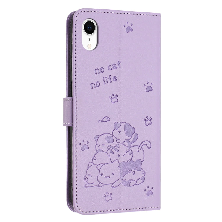 For iPhone XR Embossed Kitten Phone Leather Case with Lanyard