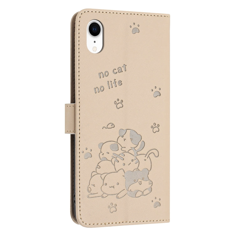 For iPhone XR Embossed Kitten Phone Leather Case with Lanyard