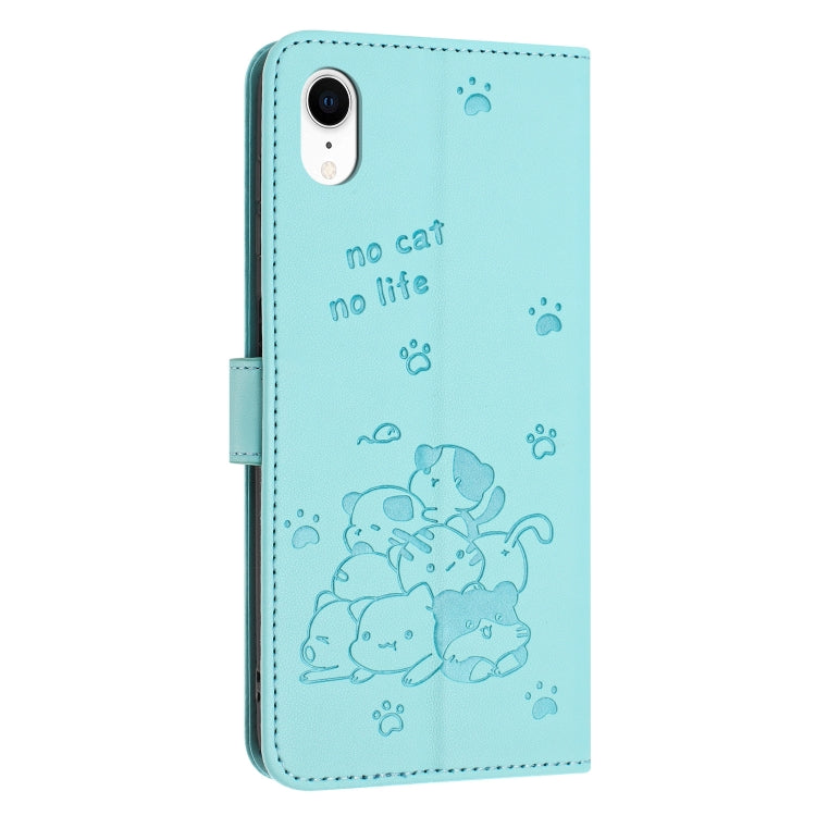 For iPhone XR Embossed Kitten Phone Leather Case with Lanyard