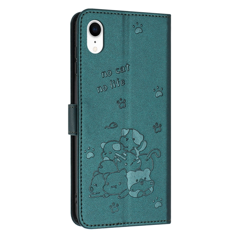 For iPhone XR Embossed Kitten Phone Leather Case with Lanyard