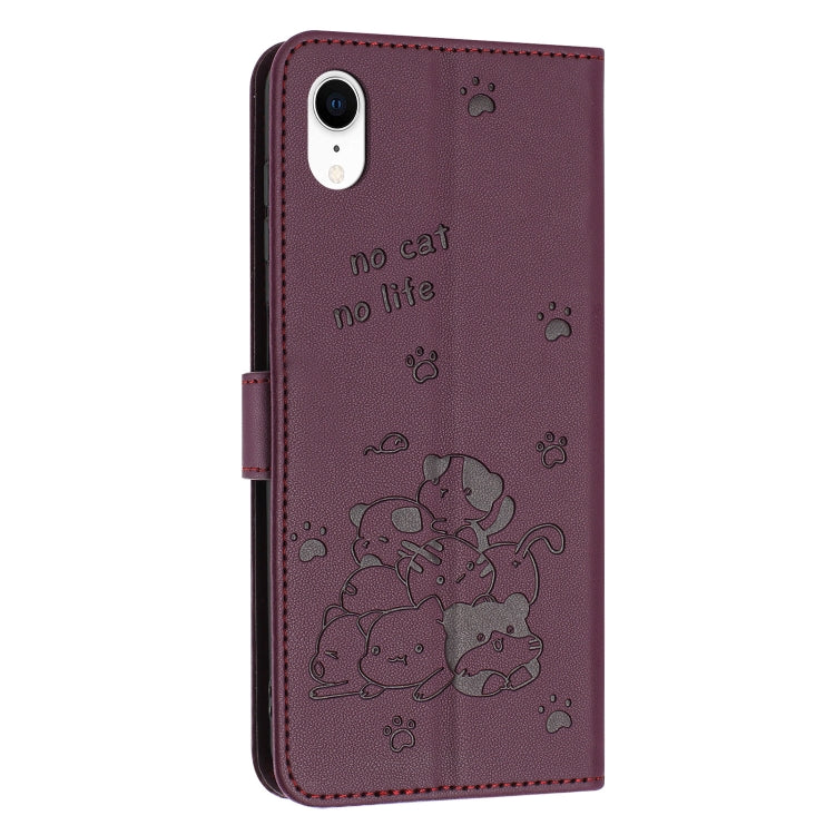 For iPhone XR Embossed Kitten Phone Leather Case with Lanyard