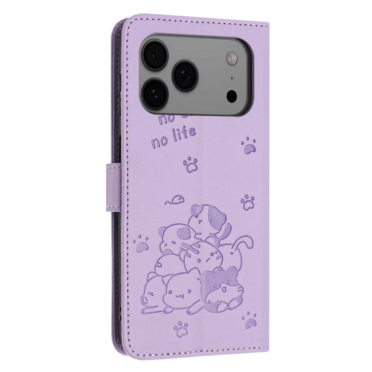 For iPhone 17 Pro Max Embossed Kitten Phone Leather Case with Lanyard