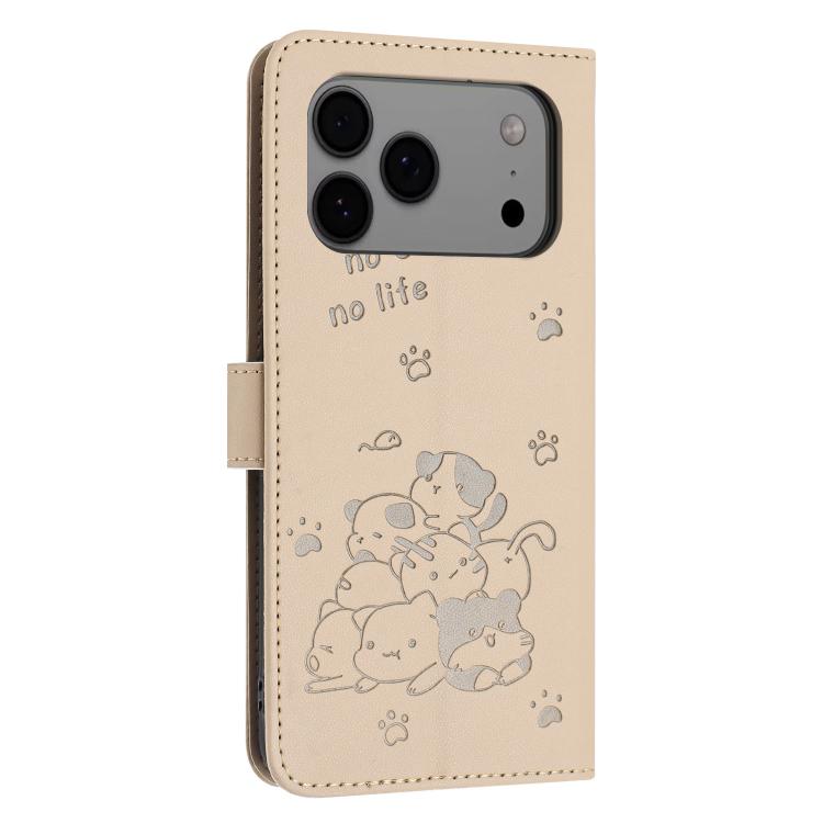 For iPhone 17 Pro Max Embossed Kitten Phone Leather Case with Lanyard