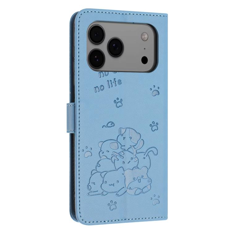 For iPhone 17 Pro Max Embossed Kitten Phone Leather Case with Lanyard