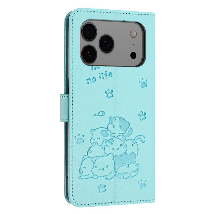 For iPhone 17 Pro Max Embossed Kitten Phone Leather Case with Lanyard