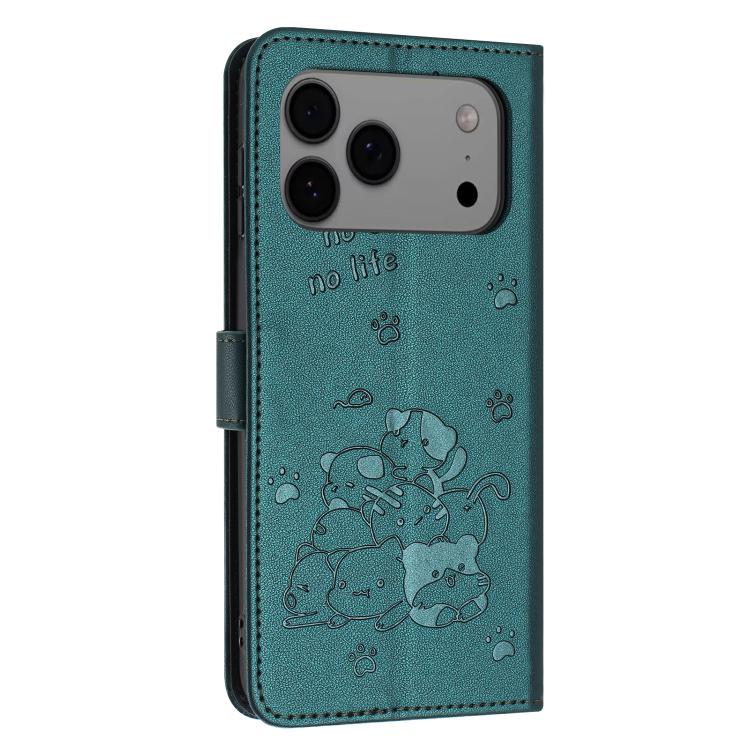 For iPhone 17 Pro Max Embossed Kitten Phone Leather Case with Lanyard